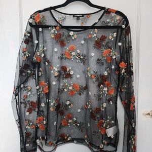 Express Black Mesh Top with Floral Embroidery